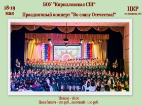 18-19 МАЯ СОСТОИТСЯ ПРАЗДНИЧНЫЙ КОНЦЕРТ КАДЕТ "ВО СЛАВУ ОТЕЧЕСТВА!".